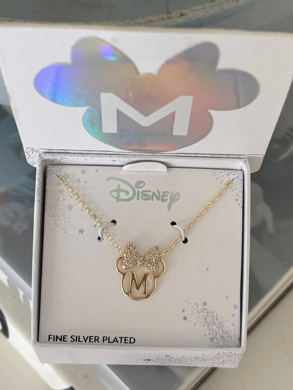 Disney Minnie Initial M Necklace Gold Tone Fine Silver Plates with crystal bow